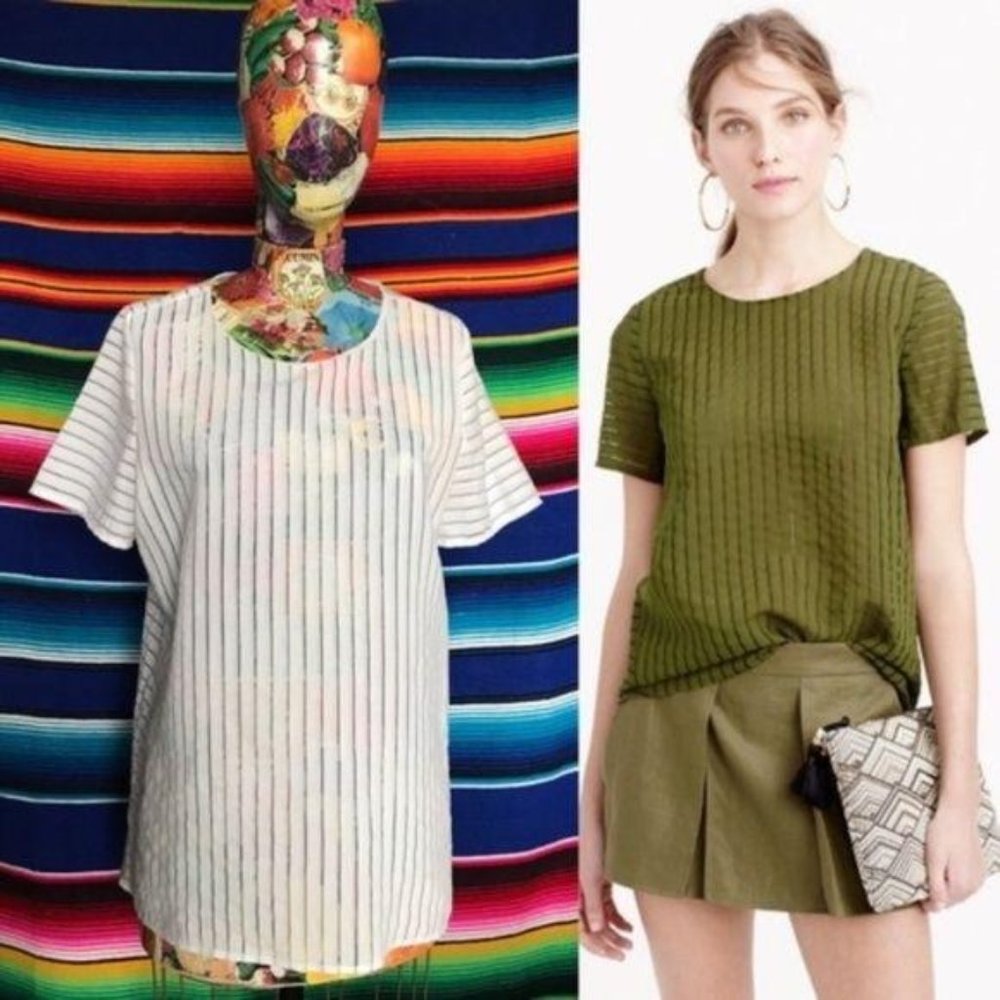 J Crew Shadow Stripe Top Contrast Sheer Mesh Panel